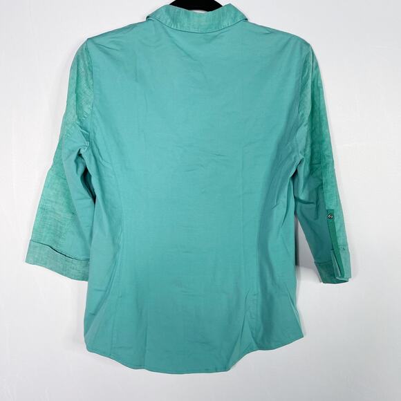 Teal Woven 3/4 Sleeve Button Front Shirt Small S Athletic Activewear Hiking - Picture 2 of 8